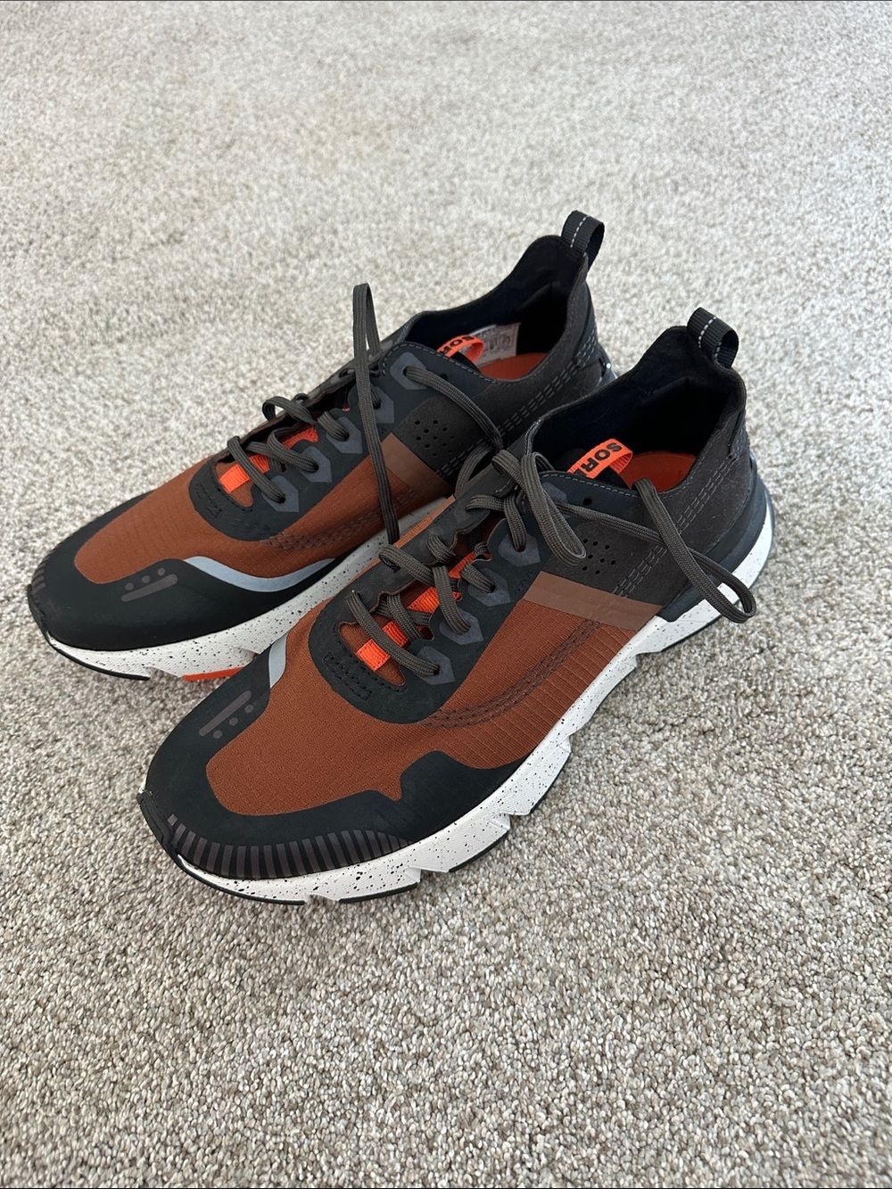 Sorel kinetic Men's Rust Brown and Black Athletic Sneakers with Orange Accents